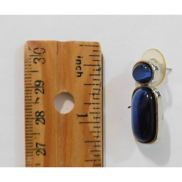 Vintage Two-Tone Necklace Blue Pendant Matching Pierced Earrings Set - Picture 11 of 11